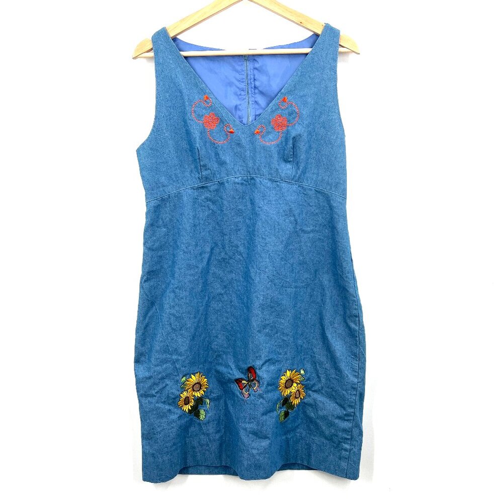 Handmade sheath mini dress chambray embroidered floral butterfly boho retro M